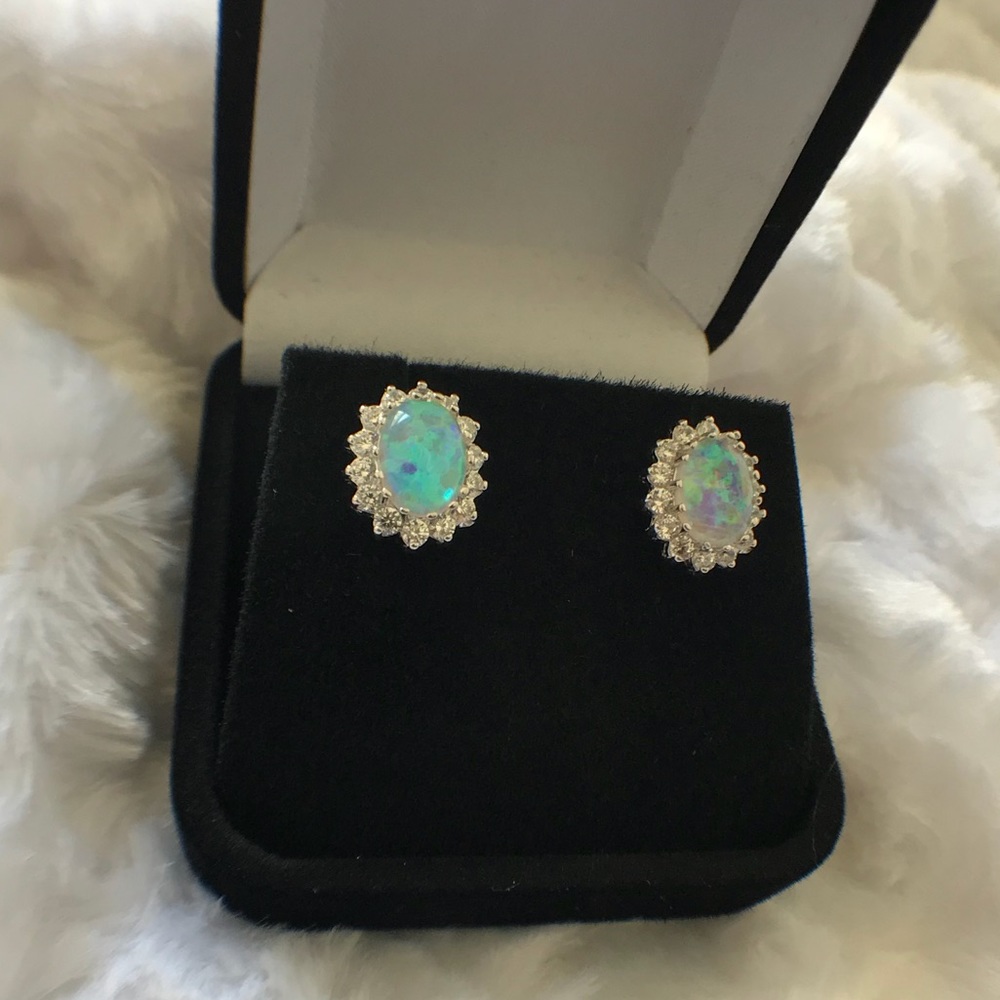 Sterling Silver White Fire Opal Stud Earrings - Picture 2 of 4